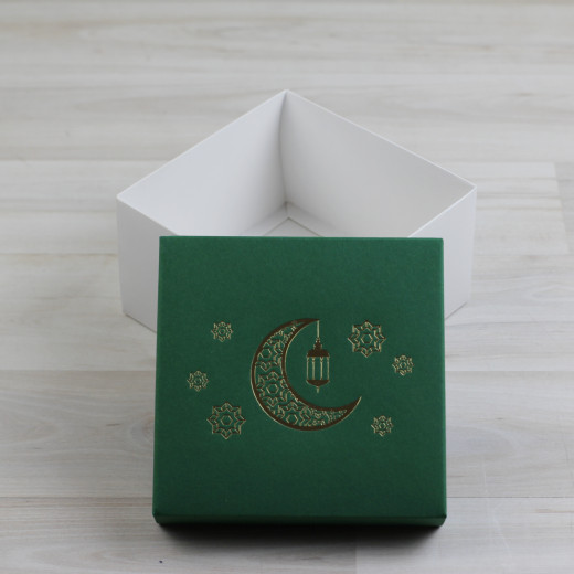 Коробка Атлас белый крышка зеленый с тиснением 