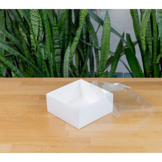 Коробка Пасифе 2 (200х200х90мм) белая с ламинацией прозрачная крышка